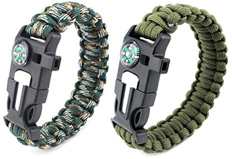 Paracord Bracelet de survie, DEESOSPRO® 2 pcs kit de survie avec Flint Fire Starter, Raclette, boussole, sifflet et cordon de parachute Boucle pour randonnée Camping activités de plein air