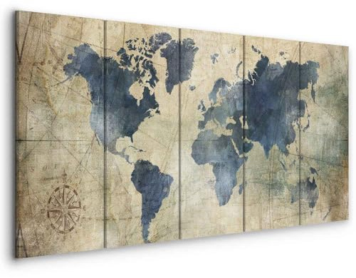 murando - Quadro Mappamondo 200x80 cm 5 pezzi Stampa su tela XXL Immagini Moderni Quadri Murale Fotografia Grafica Soggiorno Decorazione da parete Rosa dei Venti Blu Terra Mondo k-A-0415-b-m