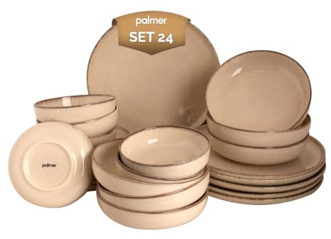 palmer Antigo Geschirrset 6 Personen, modernes Tafelservice 24-teilig, Kombiservice Steingut, Geschirr cremefarben, Spülmaschinen -& Mikrowellenfest