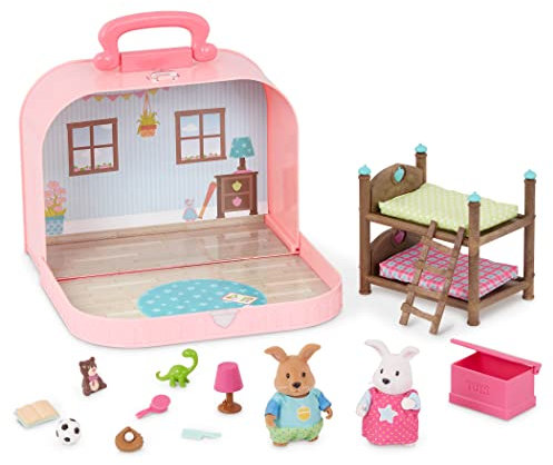 Li’l Woodzeez – 2 Hasen-Tierfiguren – Spielzeugkoffer – Sammelfiguren mit Puppenhaus Möbel Set – Kinderzimmer & Zubehör – für Kinder ab 3 Jahren – Hasen-Spielset - Deluxe Koffer