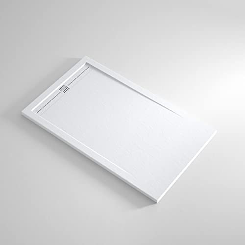 Plato Ducha RESINA EstiloBaño® DINAMIC - ENMARCADO - Textura PIZARRA - Todas Las Medidas Disponibles -【 70x100, BLANCO 】- Con Válvula desagüe + Rejilla