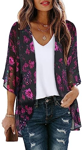 Women's Fall Clothes Dressy Casual Tops Kimono Cardigan Loose Cover Up Blouse Hawaiian Shirts (RoseFloral, M)
