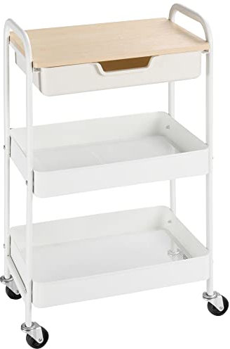 HOMCOM Desserte de Cuisine Chariot de Service 2 étagères tiroir Plateau Aspect Bois Clair Acier PP Blanc