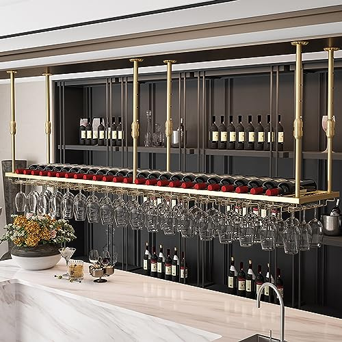 SAGIDAR Soporte De Copa Vino Colgante, Copas Estante De Exhibición Negro/Dorado, Estante para Vinos De Techo 60cm-200cm, Soporte para Vasos De Hierro, para Familia, Restaurante, Hotel Bar