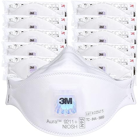 3M Aura Particulate Respirator 9211+, N95, Pack of 10 Disposable Respirators, Individually Wrapped, Cool Flow Valve, Flat Fold Design Allows for Facial Movement, NIOSH Approved, Comfort Plus, Dust