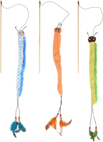 FLAMINGO Jouet pour Chat Canne à pêche Kirk Oruga avec Jouet Textile Chenille – Plumes – Clochette – Longueur 40 cm – Aucun Choix de Couleur Possible