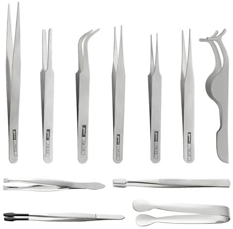 REJOECE 11 Piezas Pinzas de Precisión, Acero Inoxidable Pinzas Manualidades, ESD Anti-Estática Pinzas Modelismo, Herramienta de Pinzas para Electrónica, Artesanía, Joyería, Soldadura, Reparación