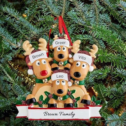Ornamento Personalizzato per Albero di Natale dei Cervi Famiglia di 2,3,4,5,6,7,8 Nome Carino Babbo Natale Renna 2025 Decorazione Natalizia Regalo di Natale, Famiglia di 4