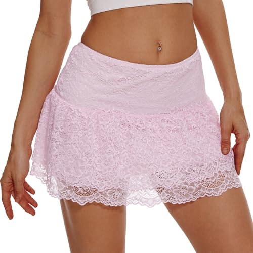 Eisnnu Minikjol för kvinnor Y2K blommig spets elastisk midja lager volang en linje kort kjol för ute streetwear, klubb, fest, Rosa, M