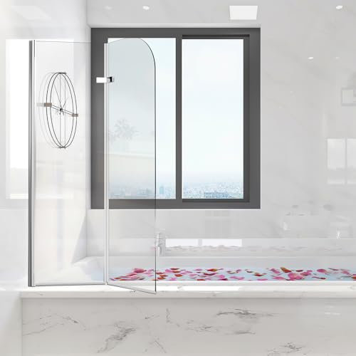 Ollewiellan Paroi de douche pour baignoire, 100 x 140 cm, en 2 parties, pliable, avec verre de sécurité ESG de 6 mm, argent transparent, avec accessoire de baignoire