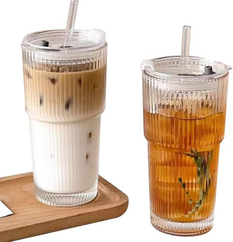 hosck 2 Pack 600ml Iced Coffee Cup with Lids, Leakproof & Dishwasher Safe Glass Tumbler with Straw and Lid, Ribbed Glassware Cups, Drinking Glasses, Glass Cups for Coffee, Tea, Juice, Matcha, Smoothie