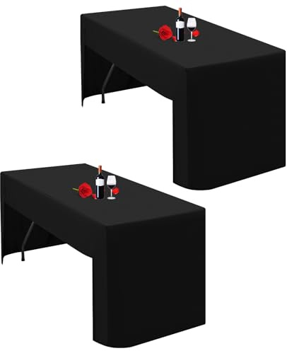 Lumaycens Paquete de 2 Manteles Negros Ajustados con Parte Trasera Abierta para Mesa Plegable de 8 Pies Tela de Poliéster Lavable Mantel Negro Cubierta de Mesa para Exposiciones Comerciales Ferias de