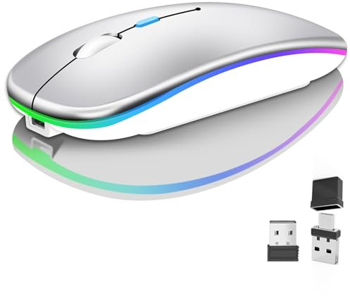 Wireless Bluetooth Mouse for Laptop, Rechargeale Computer Mouse 2.4GHz Optical (Bluetooth5.2+USB A+USB C) Dual Receivers Mice-1600DPI LED Quiet Click for Apple MacBook Laptop Tablet PC Computer,Silver