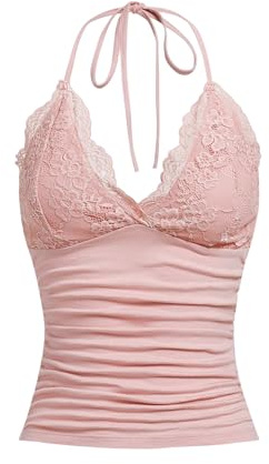 GORGLITTER Axelbandstopp för damer, Y2k, kamisol, crop top, neckholder, topp med kontrastspets