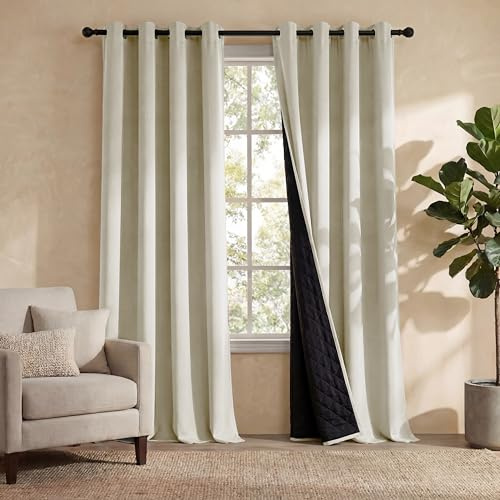 PONY DANCE Doppellagige 100% Verdunklungsvorhänge mit Ösen Thermovorhänge Hitzeschutz Wohnzimmer Blickdichte Gardinen 2er Set H 210 x B 140 cm, Hellbeige
