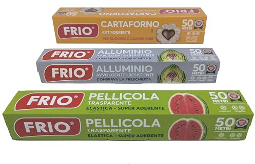 FRIO Family Pack Set 3 Rotoli Cucina Maxi: Alluminio, Pellicola, Carta Forno – 3×50 m (Tot. 150 m) Formato Famiglia per Conservazione, Cottura e Scorta a Lungo Termine