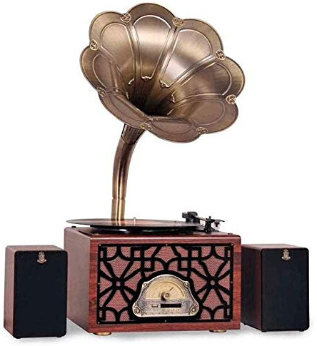 ZJFHEYUO Lettore di Vinile, con Cassetta, Grande Altoparlante Stereo a Forma di fonografo Classico retrò, Sistema Audio Carillon, Altoparlante a Forma di O da 3,5 mm, grammofono