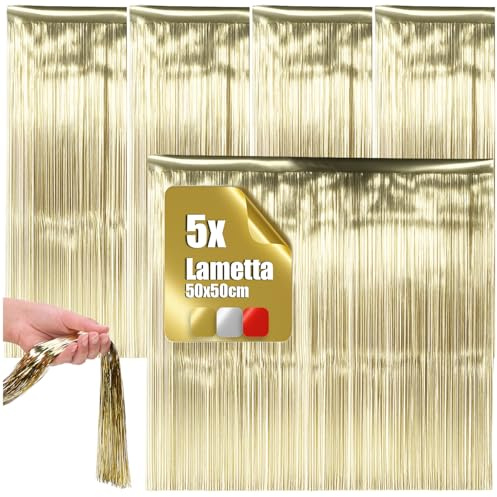 com-four® 5X Lametta – Ghirlanda Dorata per Natale – Addobbo per Albero di Natale – Tenda Lametta con Fili Lisci (Premium Color Oro - 5 Pezzi)