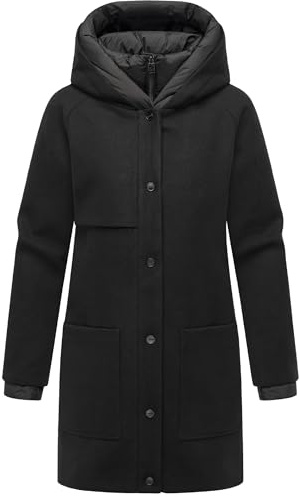Navahoo Damen Mantel lange Übergangsjacke Kurzmantel in Wolloptik mit Kapuze und (abnehmbarem) Stepp-Einsatz Flauschwunder 14 Black Gr. M