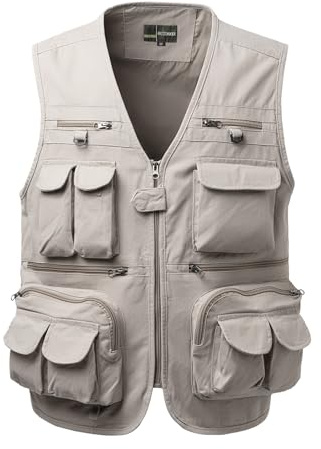 Oralidera Chaleco da Pesca para Hombre Multibolsillos Chaleco de Caza Fotografo Chalecos Safari Trabajo, Beige, M
