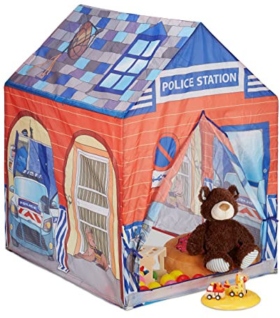 Relaxdays 10024755 Spielzelt Polizei Station, f. Kinderzimmer, Outdoor, ab 3 J., Stoff, Kinderzelt HBT 102 x 72 x 95 cm, blau-rot
