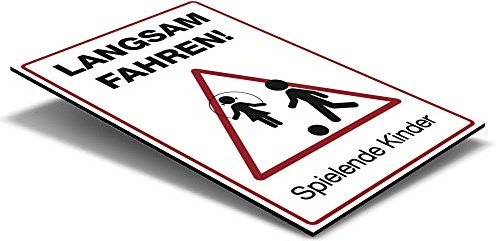 STEMPEL-FABRIK Hinweisschild Langsam Fahren! Spielende Kinder mit Spielstraßen-Piktogramm – Achtung Kinder Schild – wetterfestes Alu-Verbund Warnschild (200 x 300 x 4 mm | Weiß)