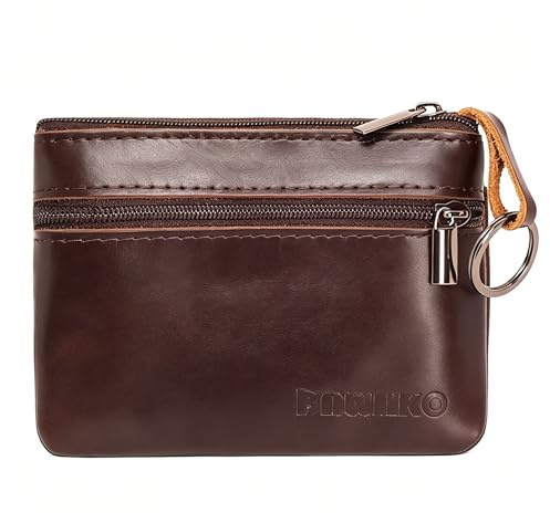 BAWAKO Portamonete in vera pelle, tre scomparti, chiusura con cerniera, adatto per carte e monete, con portachiavi mini portafoglio, universale(Marrone)