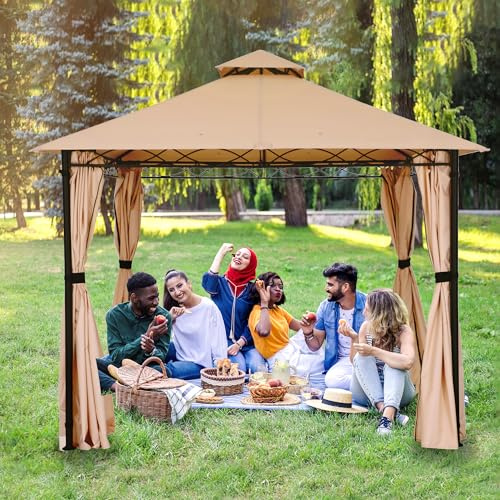 Paviljong, 3 x 3 m paviljong för terrass, dubbel ventilation med gardiner och sandpåse, utomhustält med vågiga linjer, dekoration för bakgård (beige)