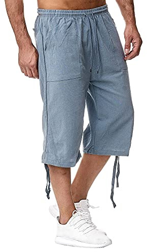 Sprifloral herrshorts i linne, trekvartslängd, byxor, sommarbyxor, strand, yoga, joggingbyxor, lediga träningsbyxor, BLÅ, S