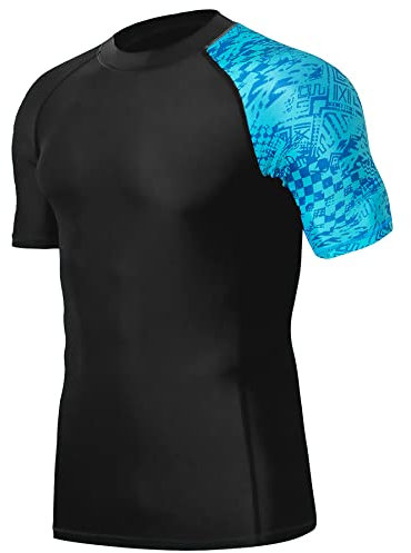 HUGE SPORTS Herren Kurzarm Splice Skins Rash Guard Shirt Schnelltrocknend Schwimmshirt Sonnenschutz Blau Piktogramm S