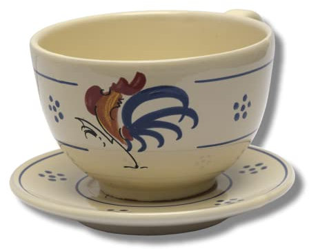 Tazza Colazione grande con Manico in terracotta, Set tazza da latte con piattino, Tazza Cappuccino, Tazza grande 500 ml per tè, infusi e bevande calde. Desing Gallo – Colì
