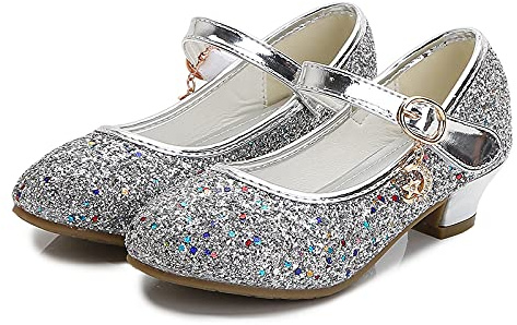 KUWIBY Girls Princess High Heel Sandals,Bowknot Sequin Dress Shoes Silver