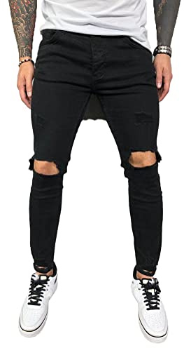 Osheoiso Vaqueros Rasgados de Hombre Skinny Denim Jeans Vintage Pantalone con Cremallera Jóvenes Moda Elasticos Agujero Pantalón Largo Vaqueros Ajustados D Negro L
