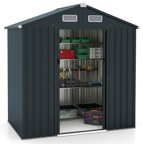 COSTWAY Trädgårdshus metall, 182 x 129 x 197 cm | 3,25 m³, enhetshus med snedtak och 2 skjutdörrar, låsbara verktygsskjul, trädgårdsskjul, trädgårdsskjul utomhus, mörkgrå