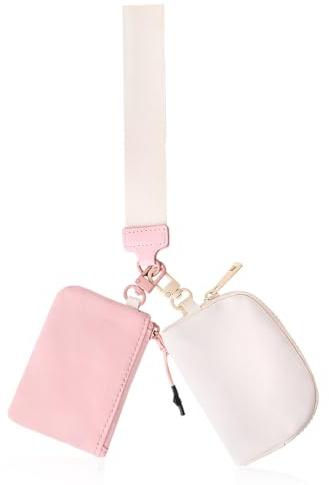 Oyachic handledsväskor för kvinnor, mini dragkedja nyckelring plånbok, avtagbar dubbel påse myntväska liten söt nyckelpåse, Beige + rosa, plånbok
