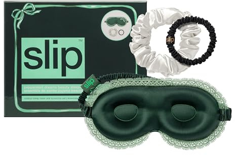 slip Peppermint Dreams Beauty Sleepover Set – Evergreen Contour Sleep Mask with Lace Trim, White Large Silk Scrunchie & Black Skinny Scrunchie – Limited Edition Gift Set