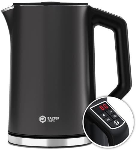 BALTER Edelstahl Wasserkocher mit Temperatureinstellung, 40°C-100°C, Doppelwand, BPA frei, leise & kabellos, Kettle, Teekocher mit Temperaturwahl, 1.5L, 2200W, Grau