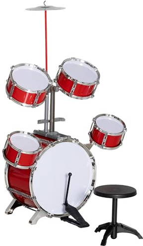 AIYAPLAY Batería Infantil con Taburete, Batería para Niños de +3 Años con Bombo, Tambores, Pedal, Baquetas, Platillo, 68,5x37x84 cm, Rojo