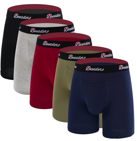 ODOMEIDIC Men's Underwear Boxer Brief Cotton Regular Long Men Pack, S M L XL XXL XXXL, Black/Grey/Blue/Green/Red