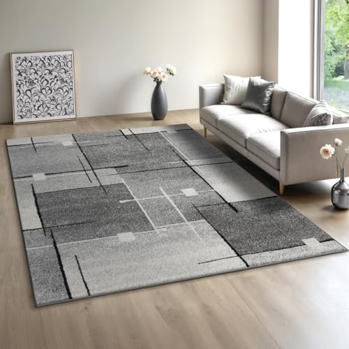 Mia´s Teppiche Modena - Moderner Kurzflor Teppich, Wohnzimmer & Schlafzimmer, weich & pflegeleicht, geometrische Muster, Kariert, Grau, 160 x 220 cm