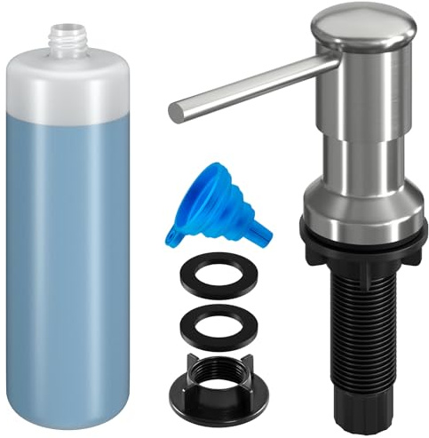 Dish Soap Dispenser, Kitchen Sink Soap Dispenser Pump with 17 OZ Bottle, Refill from The Top, Wide Pump Head Base (Brushed Nickel)