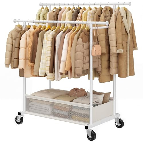 Klyvvo 110cm Doppelter Kleiderständer auf Rollen, 110KG Traglast Stabil Kleiderständer mit 48L Wäschekorb, Kleiderstange für Mäntel, Jacken, Pullover, Kleider, Schlafzimmer, Mietwohnung, Weiß