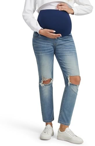 Peauty Maternity Straight Leg Denim Washed Jeans Over The Belly Pregnancy Trousers Distressed Ripped Pants (Blue 16)