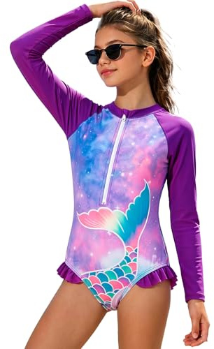 JiAmy flickor Rash Guard baddräkt långärmad en del UV solskydd dragkedja baddräkt snabbtorkande barn baddräkt för 3-8 år, Lila, batikfärg, 4-5 År