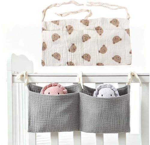 Wisebom Hängend Babybett Organizer Wickeltisch Organizer, 2 Stück Kinderbett Aufbewahrungstasche aus 100% Baumwolle, Kinderzimmer Organizer Tasche für Windeln Spielzeug (B)