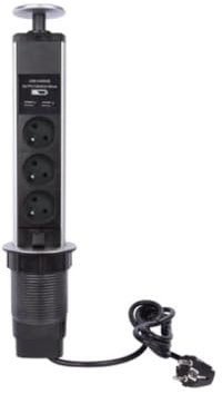 Perel Steckdosenturm, versenkbar, 3 Steckdosen Typ E, 2 USB-Ladebuchsen, Montageloch 71 mm, Innenbereich, Schwarz/Grau