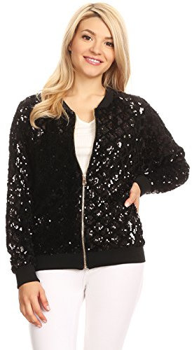 Anna-Kaci Womens Sequin Long Sleeve Front Zip Jacket With Ribbed Cuffs Bomber for Party, Black, Large