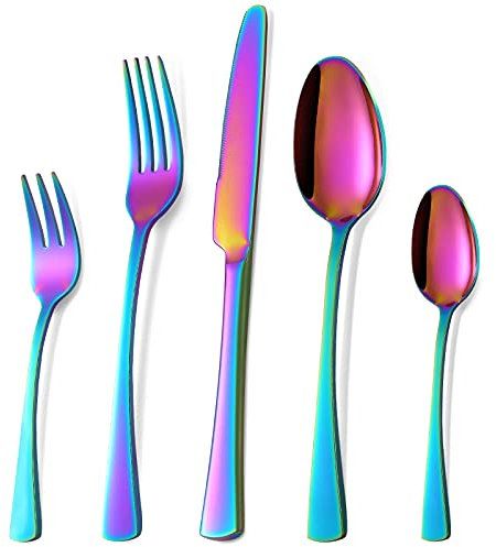 Bestdin Regenbogen Besteck Set 6 Personen, 30 teilig Edelstahl Besteckset Bunte, Essbesteck Set mit Messer Gabel Löffel, Hochwertiges Edelstahlbesteck, Spülmaschinenfest.