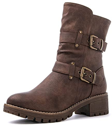 GLOBALWIN Fashion Ankle Boots For Women Brown Biker Boots Low Heel Motorcycle Boots Size 10M