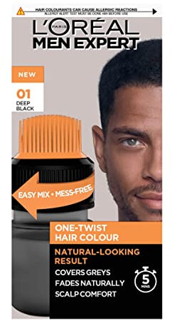 L'Oreal Paris Men Expert One Twist Hair Colour, Black Hair Dye For Men. Mens Hair Dye For Men Dying Hair To Cover Grey Hair, Gives Quick Natural Looking Results - Shade 1 Deep Black.